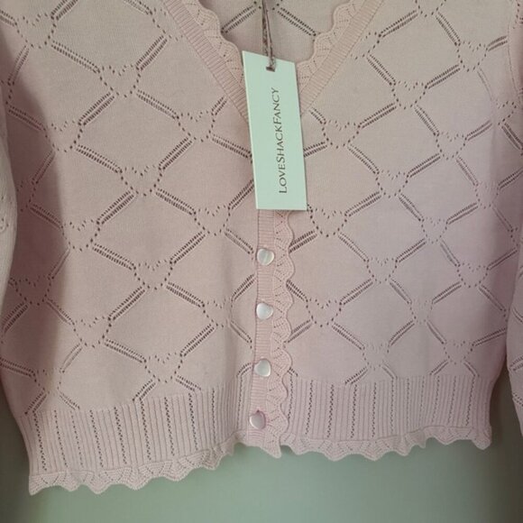 NWT LoveShackFancy Petra Knit Pointelle Heart Argyle Cardigan Velour Pink | S - Picture 10 of 11